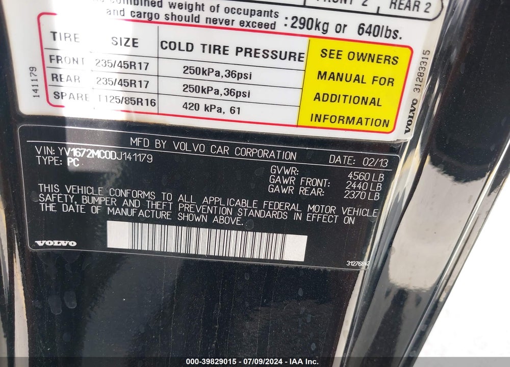 2013 VOLVO C70 T5/T5 PLATINUM/T5 PREMIER PLUS VIN: YV1672MC0DJ141179