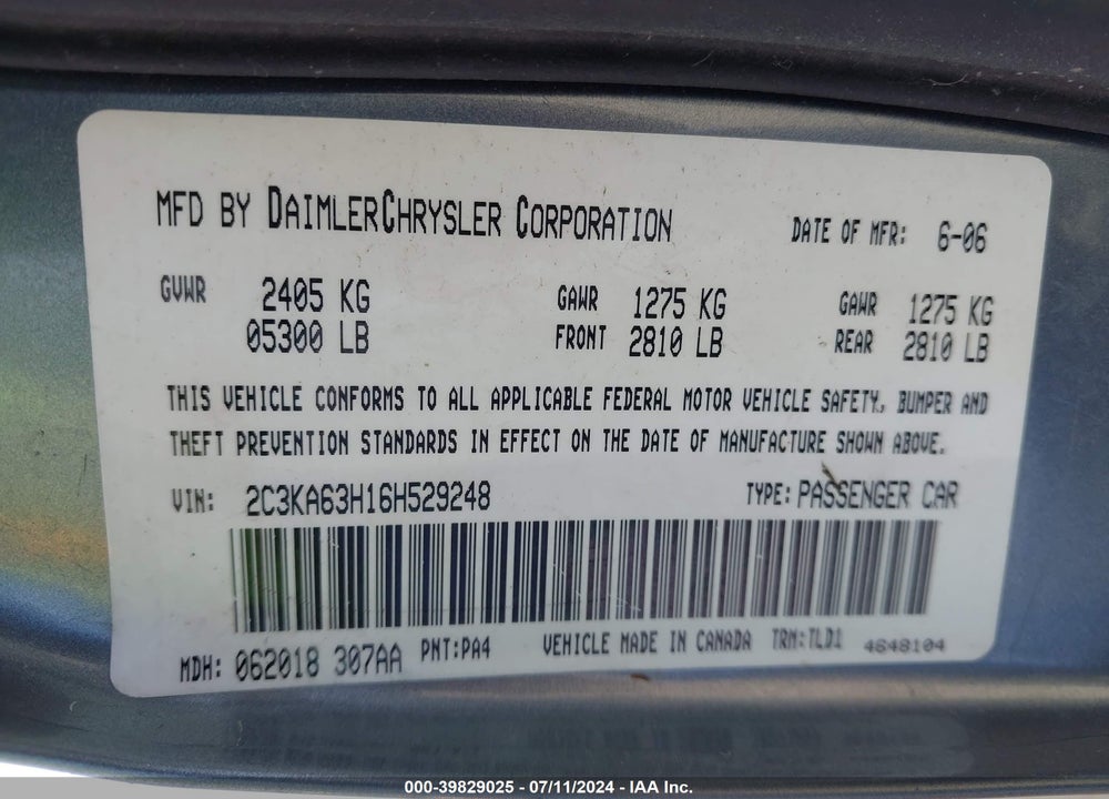 2006 CHRYSLER 300C VIN: 2C3KA63H16H529248