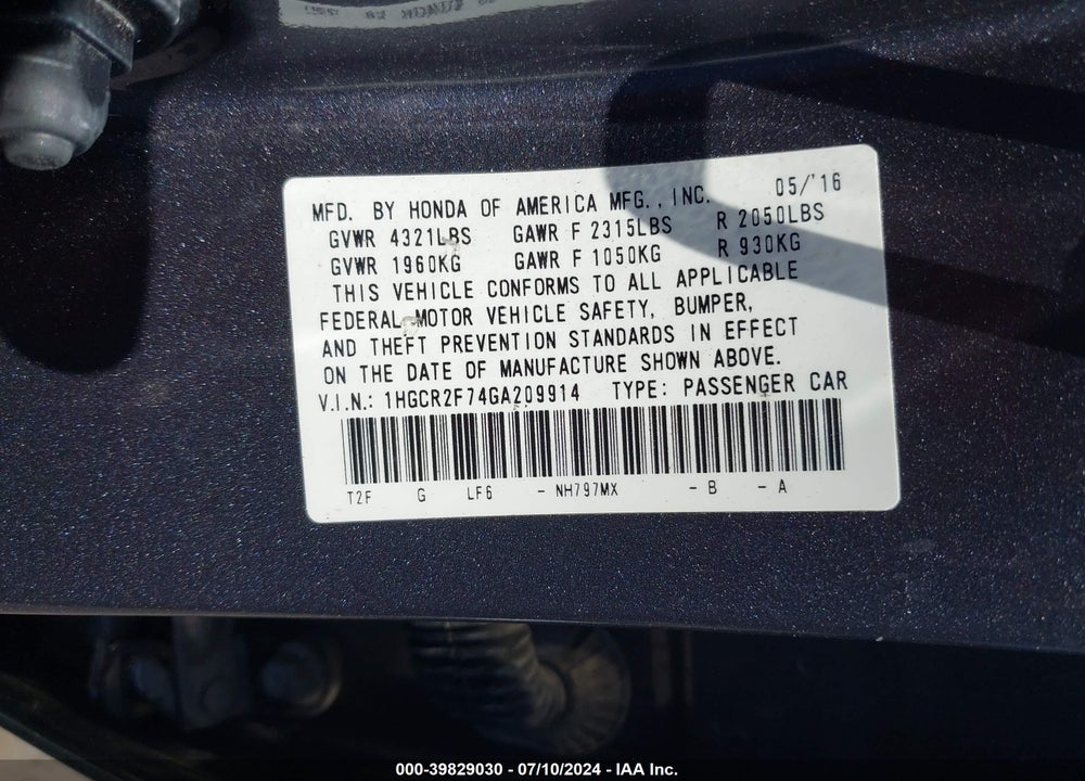 2016 HONDA ACCORD EX VIN: 1HGCR2F74GA209914