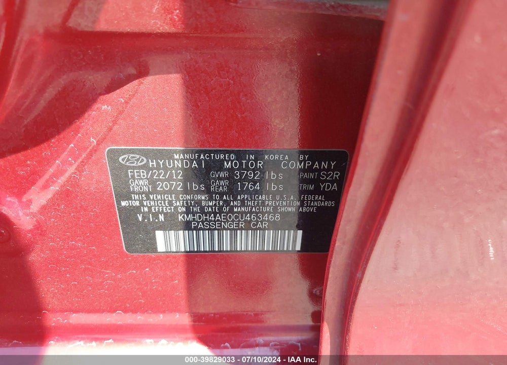 2012 HYUNDAI ELANTRA LIMITED (ULSAN PLANT) VIN: KMHDH4AE0CU463468