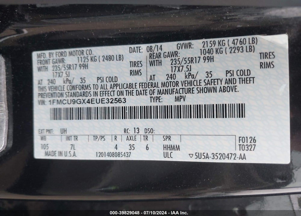 2014 FORD ESCAPE VIN: 1FMCU9GX4EUE32563