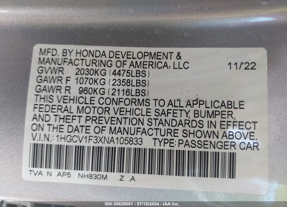 2022 HONDA ACCORD SPORT VIN: 1HGCV1F3XNA105833