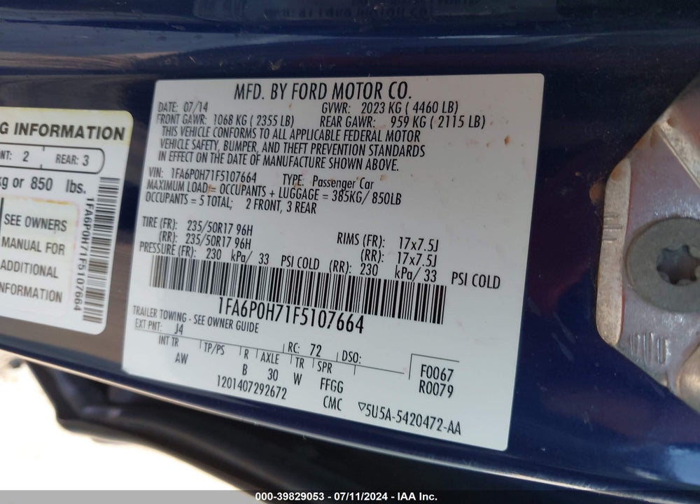 2015 FORD FUSION SE VIN: 1FA6P0H71F5107664
