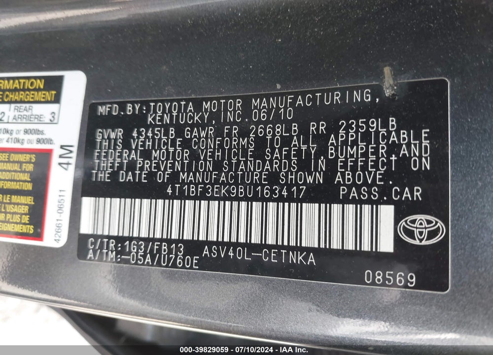 2011 TOYOTA CAMRY LE VIN: 4T1BF3EK9BU163417