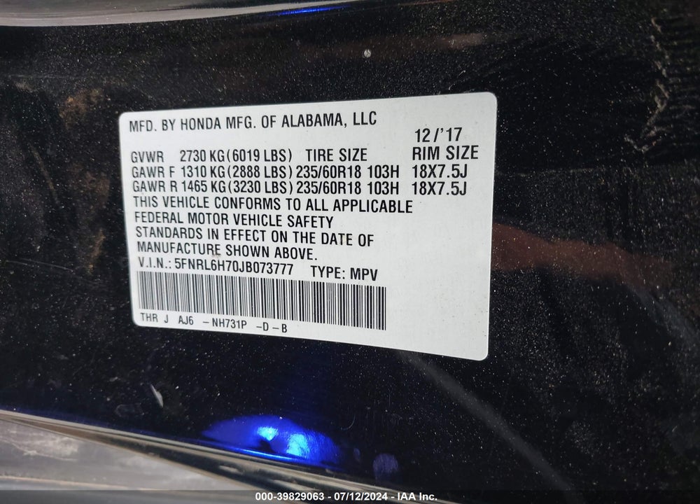 2018 HONDA ODYSSEY EX-L VIN: 5FNRL6H70JB073777