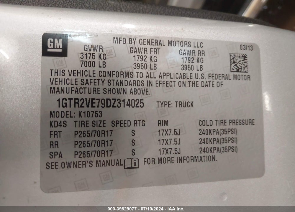 2013 GMC SIERRA 1500 SLE VIN: 1GTR2VE79DZ314025