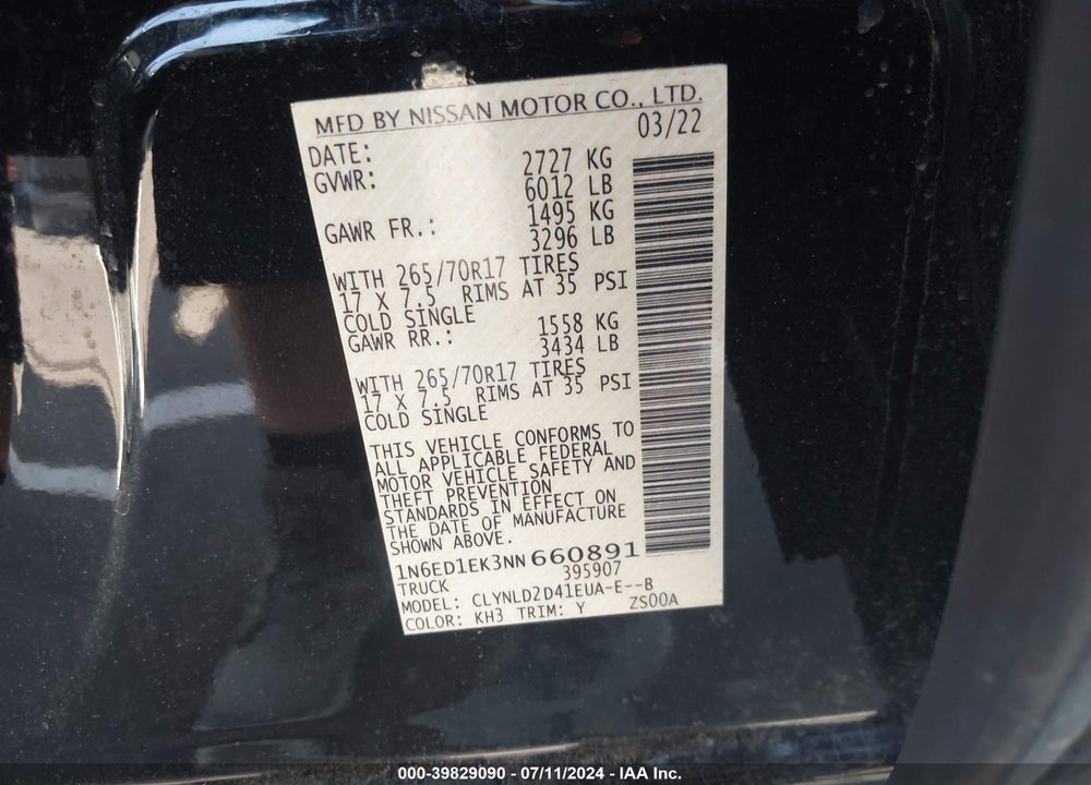 2022 NISSAN FRONTIER PRO-4X 4X4 VIN: 1N6ED1EK3NN660891