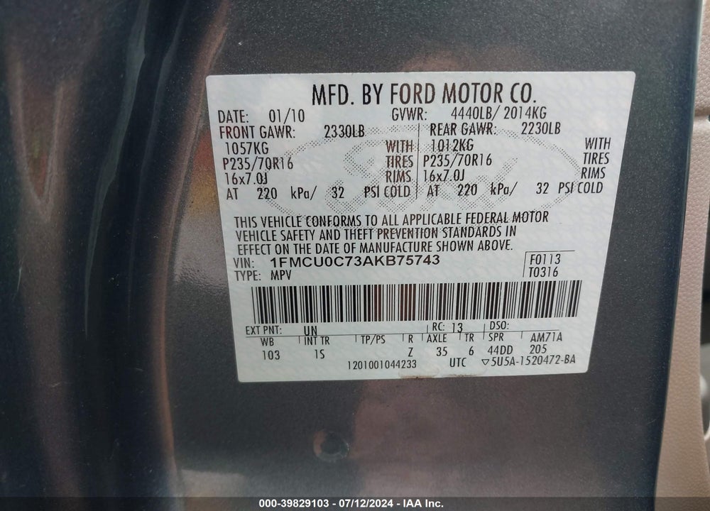 2010 FORD ESCAPE XLS VIN: 1FMCU0C73AKB75743