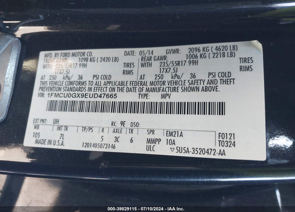 2014 FORD ESCAPE VIN: 1FMCU0GX9EUD47665