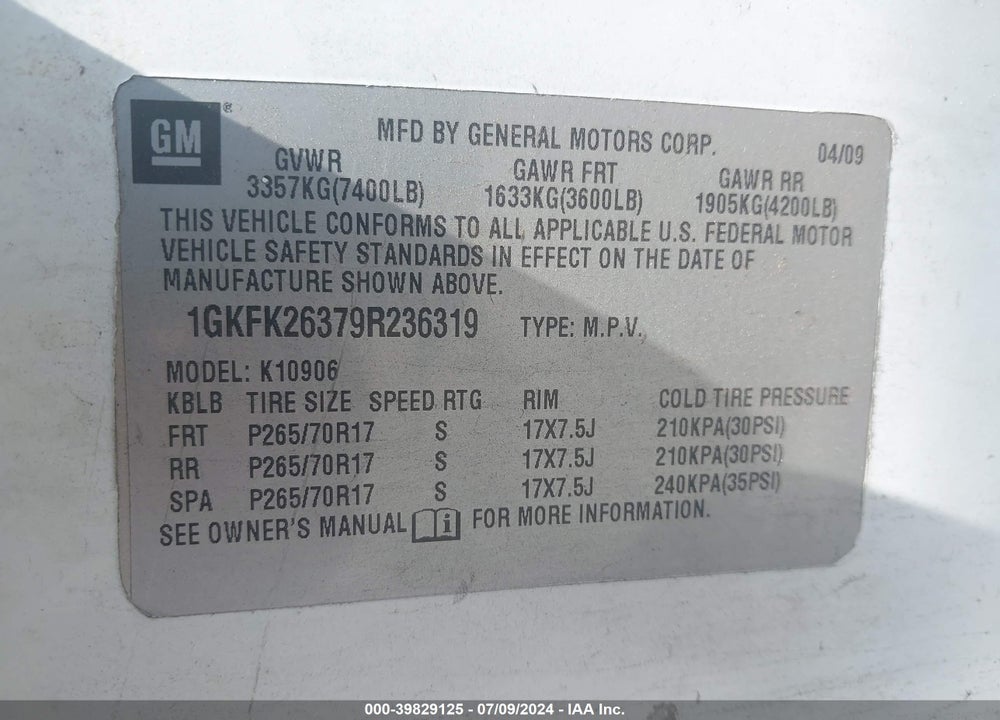 2009 GMC YUKON XL 1500 SLE2 VIN: 1GKFK26379R236319