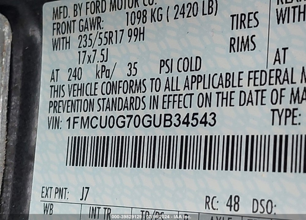 2016 FORD ESCAPE SE VIN: 1FMCU0G70GUB34543