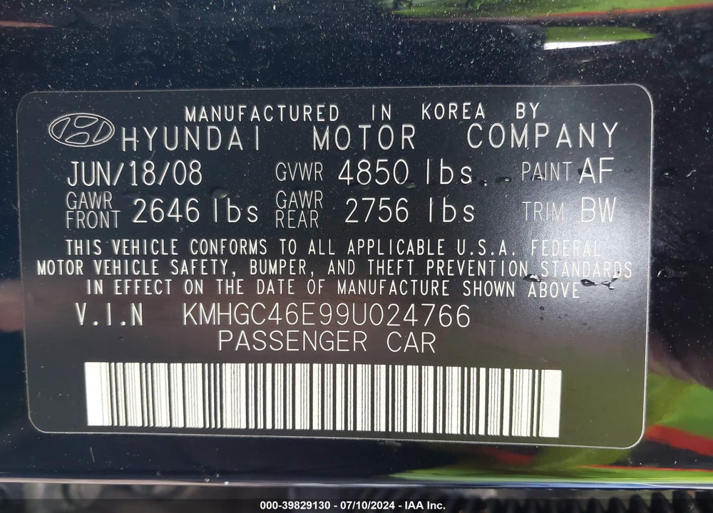 2009 HYUNDAI GENESIS 3.8 VIN: KMHGC46E99U024766