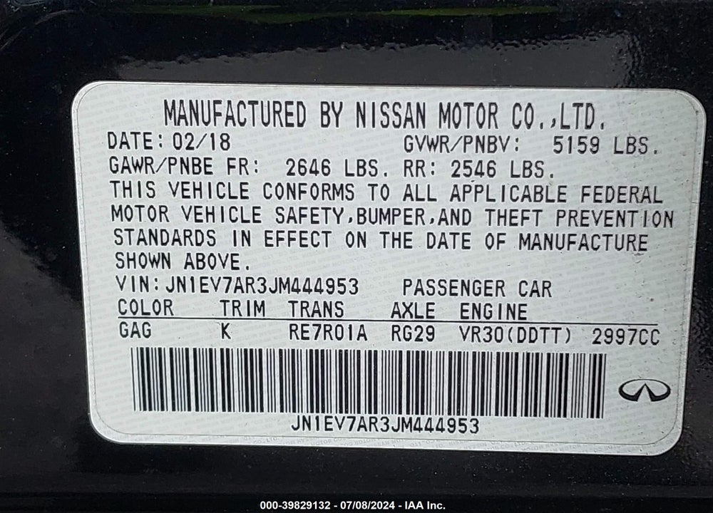 2018 INFINITI Q50 3.0T LUXE VIN: JN1EV7AR3JM444953
