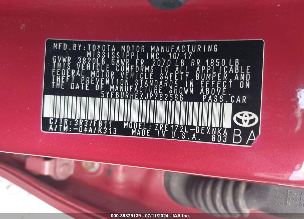 2018 TOYOTA COROLLA L/LE/XLE/SE/XSE VIN: 5YFBURHEXJP762566