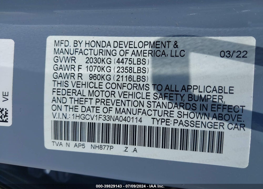 2022 HONDA ACCORD SPORT VIN: 1HGCV1F33NA040114