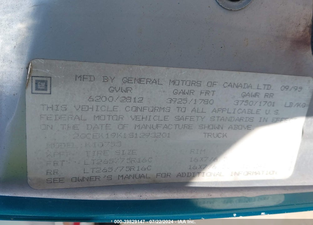 1995 CHEVROLET GMT-400 K1500 VIN: 2GCEK19K1S1293201