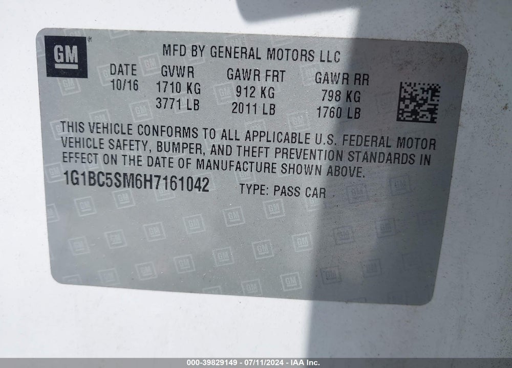 2017 CHEVROLET CRUZE LS AUTO VIN: 1G1BC5SM6H7161042