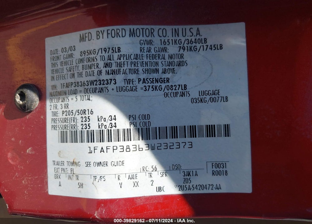 2003 FORD FOCUS ZTS VIN: 1FAFP38363W232373