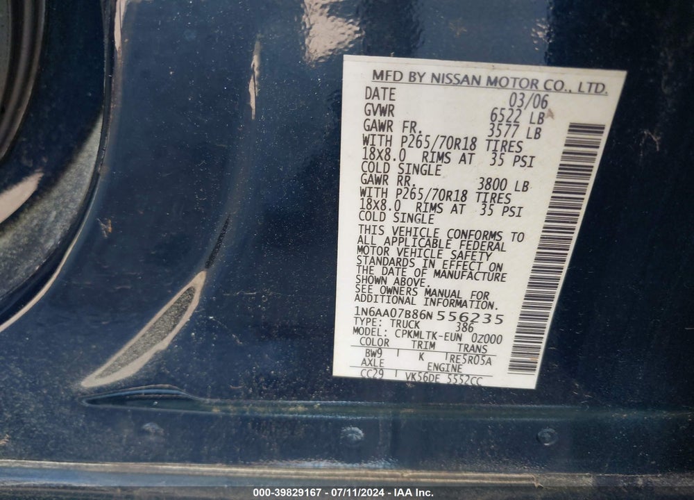 2006 NISSAN TITAN SE VIN: 1N6AA07B86N556235