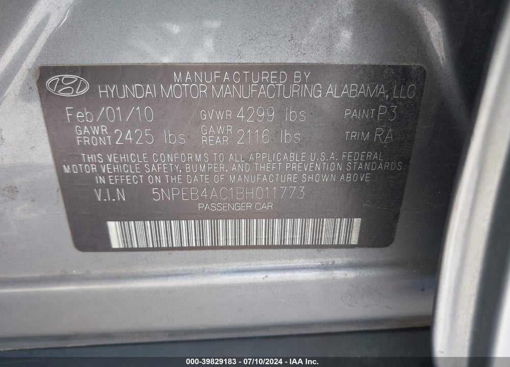2011 HYUNDAI SONATA GLS VIN: 5NPEB4AC1BH011773