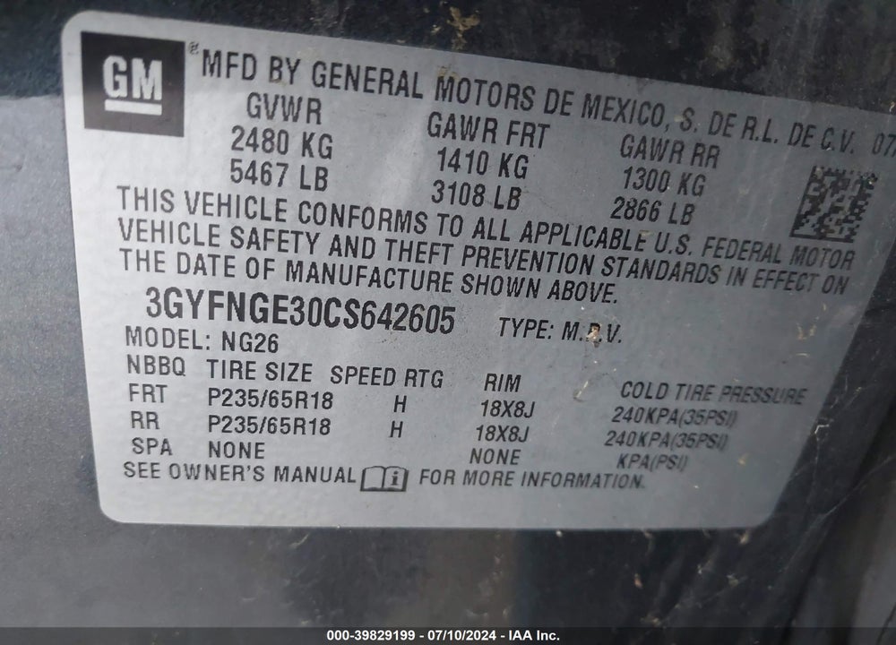 2012 CADILLAC SRX STANDARD VIN: 3GYFNGE30CS642605