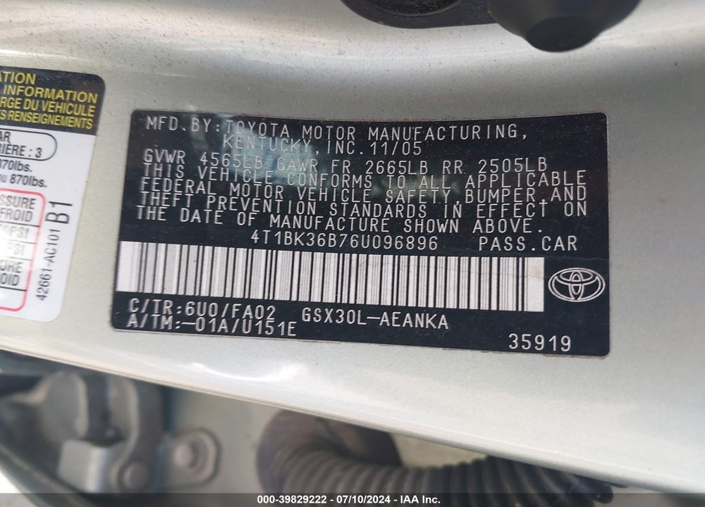 2006 TOYOTA AVALON XL VIN: 4T1BK36B76U096896