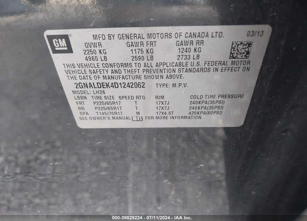 2013 CHEVROLET EQUINOX 1LT VIN: 2GNALDEK4D1242062