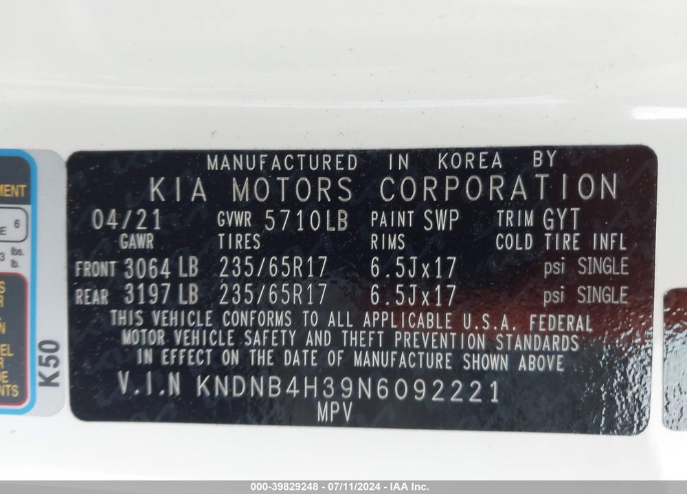 2022 KIA CARNIVAL MPV LX SEAT PACKAGE VIN: KNDNB4H39N6092221