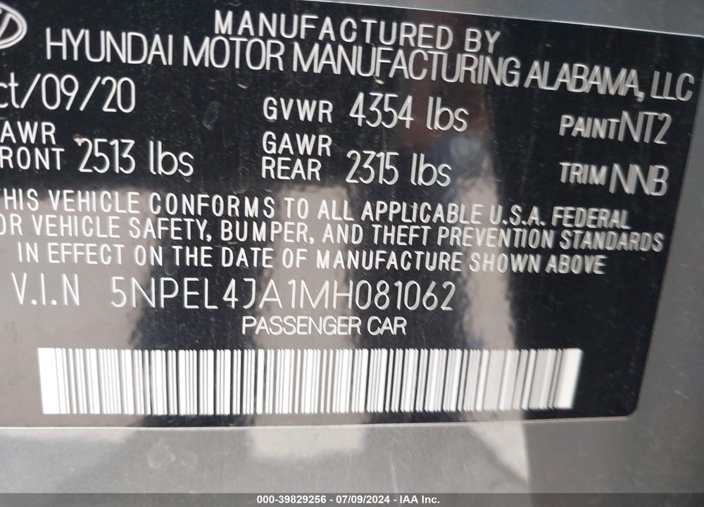 2021 HYUNDAI SONATA SEL VIN: 5NPEL4JA1MH081062