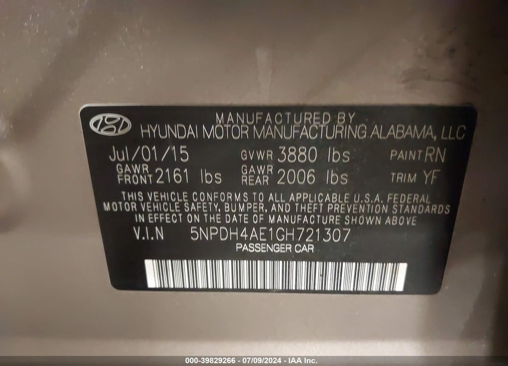 2016 HYUNDAI ELANTRA SE VIN: 5NPDH4AE1GH721307