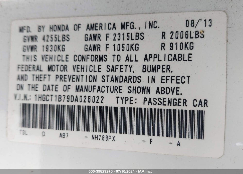 2013 HONDA ACCORD EX VIN: 1HGCT1B79DA026022