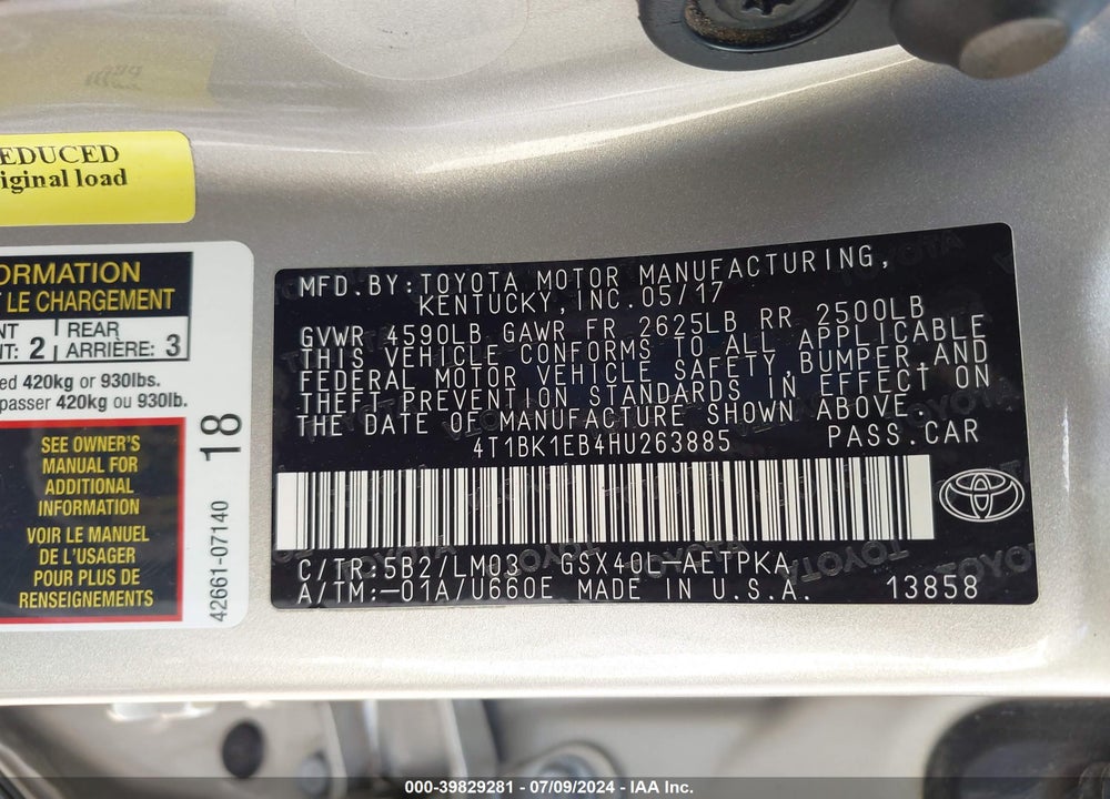2017 TOYOTA AVALON LIMITED VIN: 4T1BK1EB4HU263885