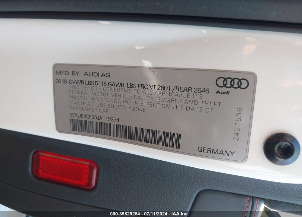 2018 AUDI S5 3.0T PREMIUM PLUS VIN: WAUB4CF56JA119374