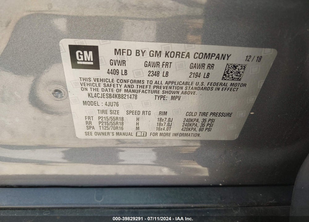 2019 BUICK ENCORE AWD PREFERRED VIN: KL4CJESB4KB821478