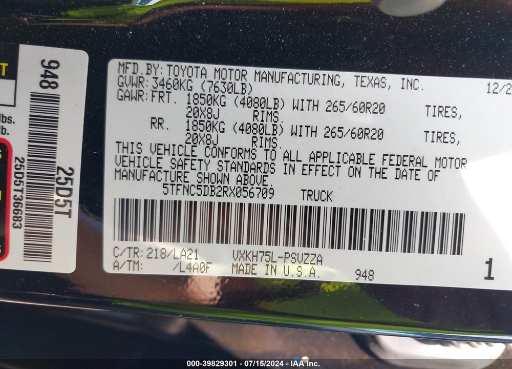 2024 TOYOTA TUNDRA HYBRID PLATINUM VIN: 5TFNC5DB2RX056709
