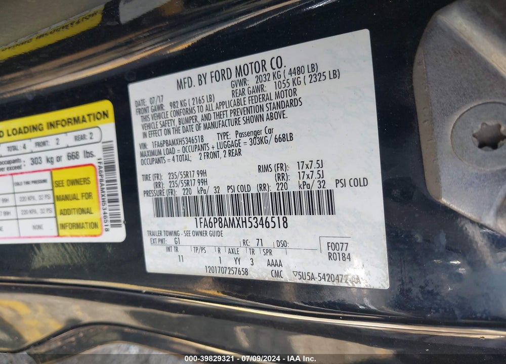 2017 FORD MUSTANG V6 VIN: 1FA6P8AMXH5346518