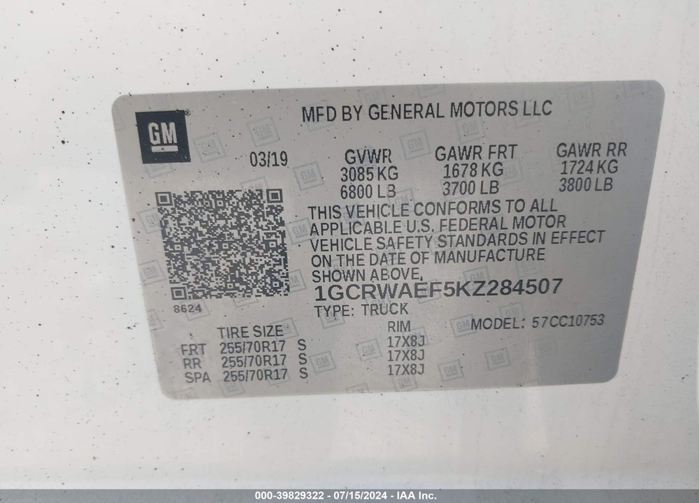 2019 CHEVROLET SILVERADO 1500 VIN: 1GCRWAEF5KZ284507