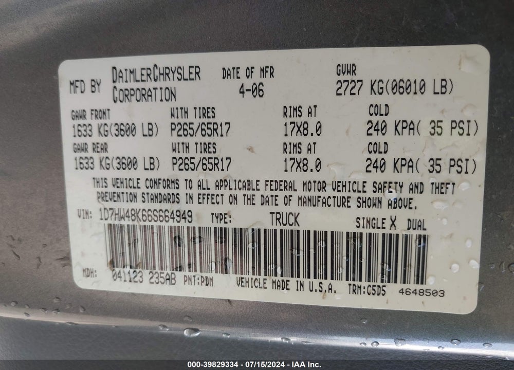 2006 DODGE DAKOTA SLT VIN: 1D7HW48K66S664949