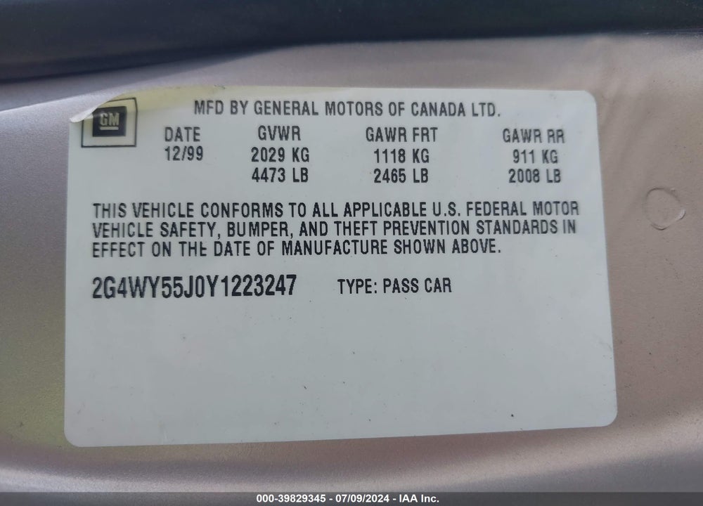 2000 BUICK CENTURY LIMITED VIN: 2G4WY55J0Y1223247