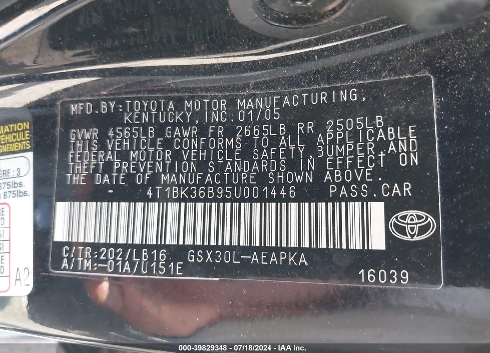 2005 TOYOTA AVALON LIMITED VIN: 4T1BK36B95U001446