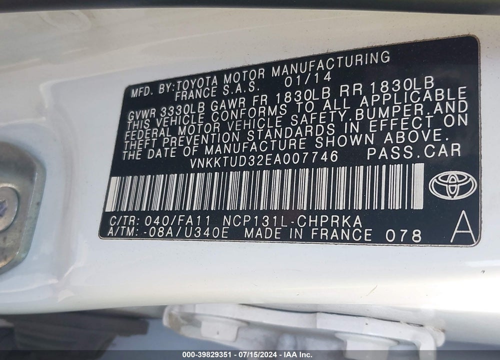 2014 TOYOTA YARIS L (TMMF PLANT) VIN: VNKKTUD32EA007746