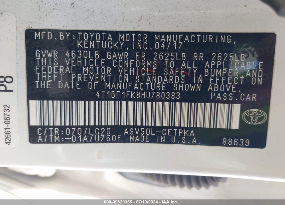 2017 TOYOTA CAMRY XSE VIN: 4T1BF1FK8HU780383
