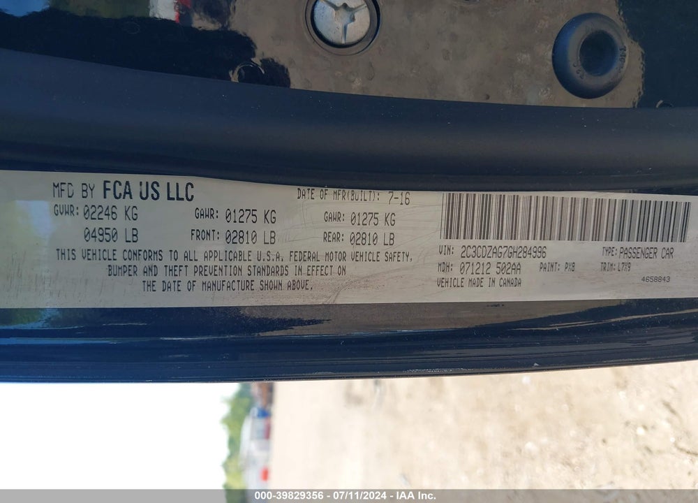 2016 DODGE CHALLENGER SXT VIN: 2C3CDZAG7GH284996