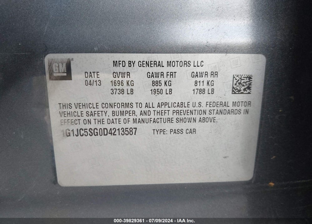 2013 CHEVROLET SONIC LT AUTO VIN: 1G1JC5SG0D4213587