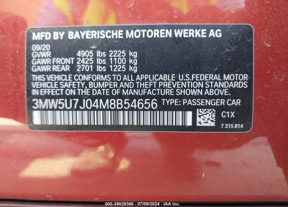 2021 BMW 3 SERIES M340I VIN: 3MW5U7J04M8B54656