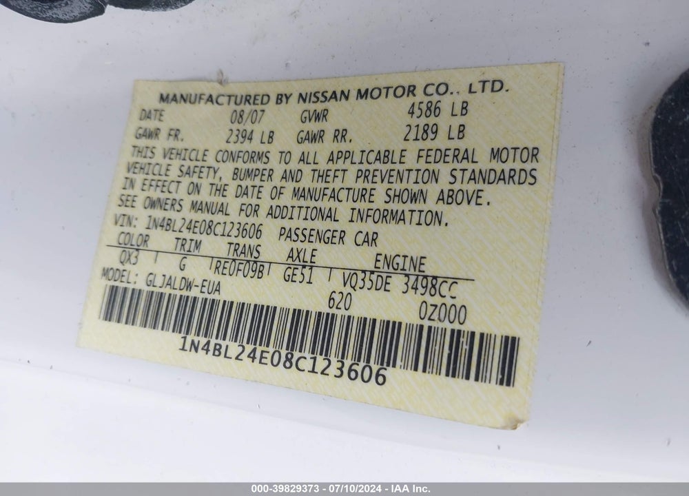 2008 NISSAN ALTIMA 3.5 SE VIN: 1N4BL24E08C123606
