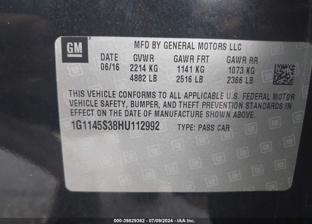 2017 CHEVROLET IMPALA 2LZ VIN: 1G1145S38HU112992