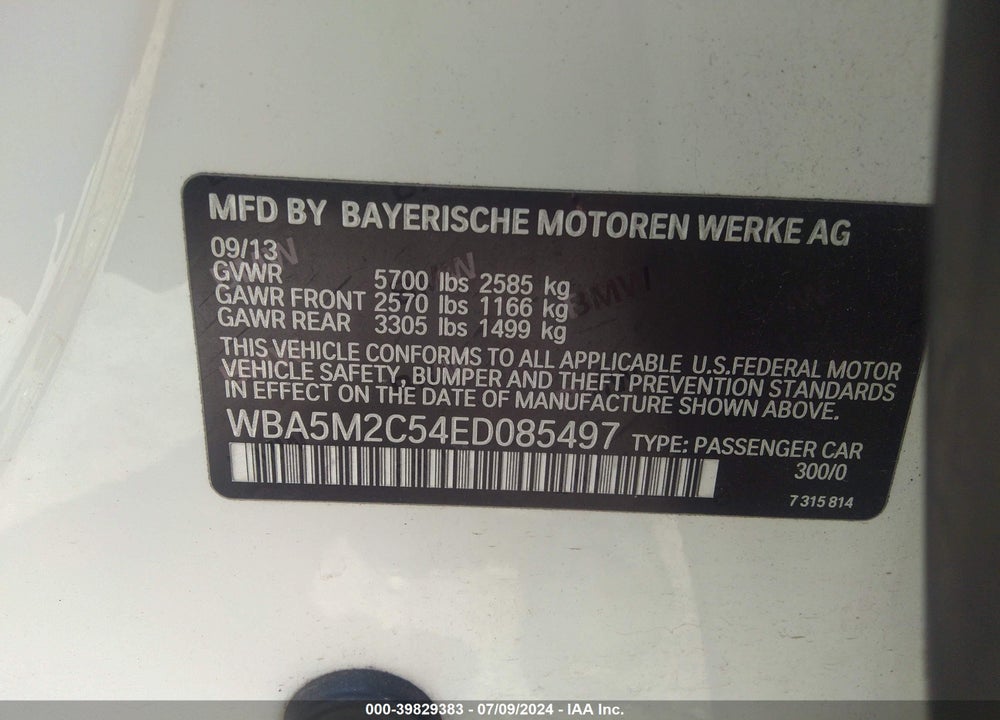 2014 BMW 535I GRAN TURISMO VIN: WBA5M2C54ED085497