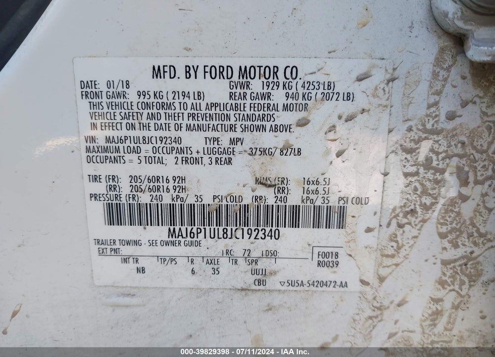 2018 FORD ECOSPORT SE VIN: MAJ6P1UL8JC192340
