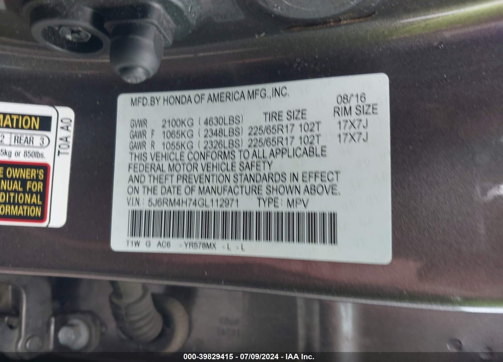2016 HONDA CR-V EX-L VIN: 5J6RM4H74GL112971
